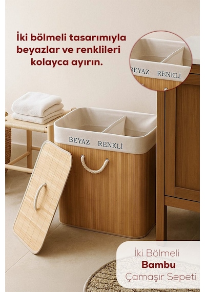 Porsima Çift Bölmeli Kapaklı Kirli Çamaşır Sepeti Dikdörtgen - İki Bölmeli Bambu Kirli Çamaşır Sepeti Cr71015