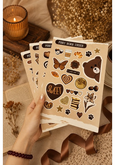 Kahverengi Sticker Seti Vintage Ayıcık Kitap Kahve Çiçek Estetik Etiket-4 Sayfa-90 Adet-kalın Kuşe K