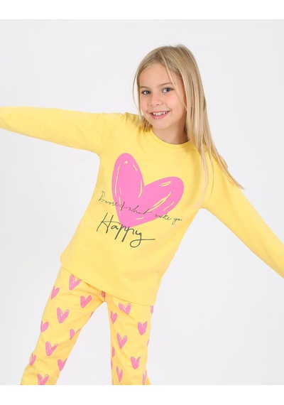 Kız Çocuk Uzun Kollu %100 Pamuklu Pijama Takımı Happy Heart Sarı Sarı