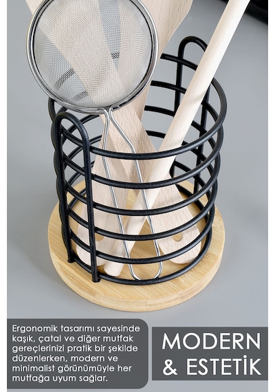 Bambu Tabanlı Metal Kaşıklık - Tezgah Üstü Dik Kaşıklık Mutfak Düzenleyici Dekoratif Organizer Bej