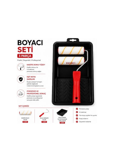 Ehobici 3 Parça Boyacı Seti Saten Rulo Parmak Rulo