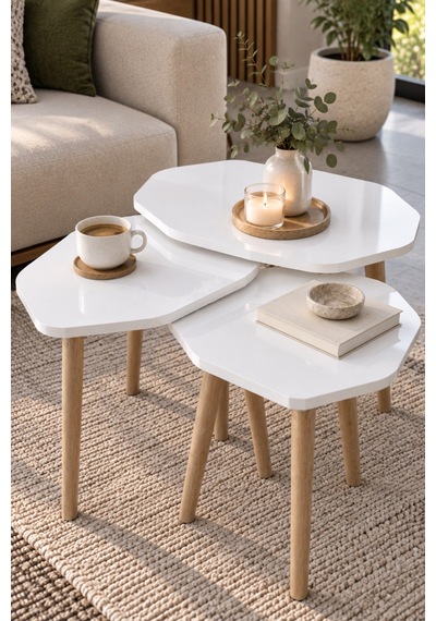 Sulorahome 3'lü Beyaz Geometrik Zigon Sehpa Seti Ahşap Ayaklı