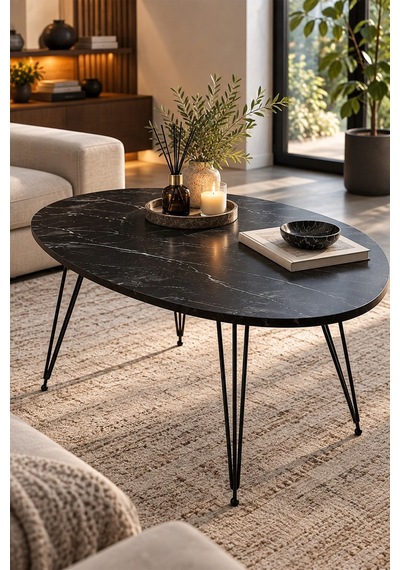 Sulorahome Oval Mermer Desenli Siyah Orta Sehpa Tel Ayaklı Siyah - Mermer