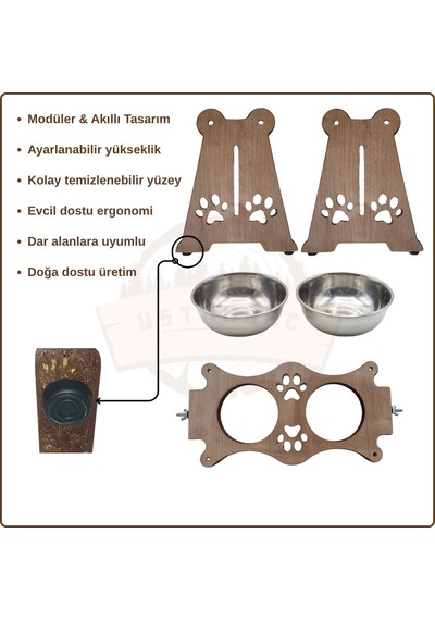 Ustaağaç Ahşap Kedi & Köpek Mama Ve Su Kabı Standı
