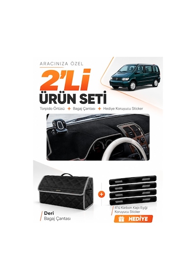 E-biz Mercedes Vıto W638 1996-2003 Uyumlu Torpido Örtüsü + Deri Bagaj Çantası - Siyah-gri - Mb024