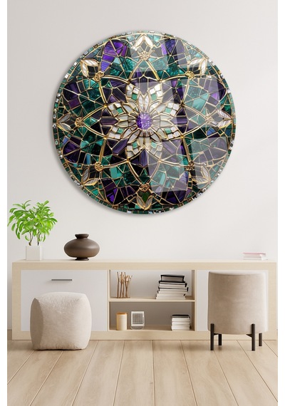 Altın Mandala Çiçek Desenli Yuvarlak Cam Tablo Modern Duvar Dekoru Uv Baskılı Canlı Renkler Yatak Odası Ve Antre Yeni Ev Hediyesi