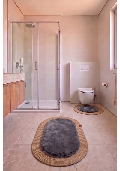 Banyo Paspası Takımı 60x100+60x60 Cm Düz Antrasit Gri & Camel
