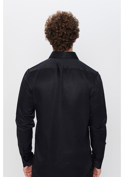 Tudors Slim Fit Dar Kesim Uzun Kollu Önden Kulplu Düz 4 Mevsim Erkek Gömlek-31320 Siyah