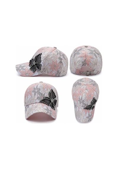 Valkyrie Kadın Taşlı Kelebek Çiçek Detaylı Dantel Şapka Ayarlanabilir Spor Şapka Yazlık Baseball Cap Pembe