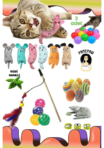 7'li Set:peluş Oyuncağı Kedi Otlu Catnipli ,sarma Topu+3'lü Renkli Top+ Kedi Oltası+çıngıraklı Top