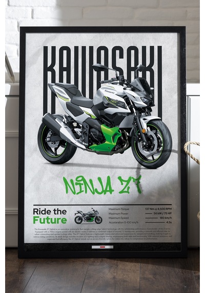 Kawasaki Ninja Z7 Siyah Ahşap Çerçeveli Poster, Dekoratif Motosiklet Duvar Tablosu