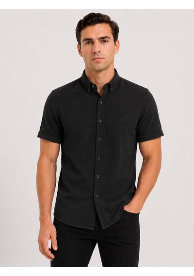 Classics Men Cafes Likralı Kısa Kol Slim Fit Erkek Gömlek - 7735 Siyah