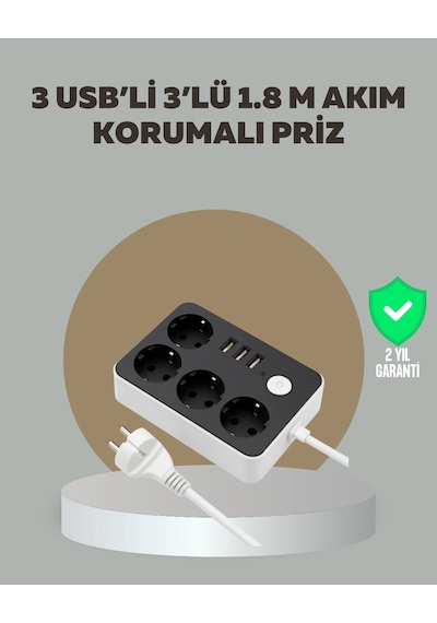 Buğz 4 Prizli 3 Usb Portlu Anahtarlı Akım Korumalı Priz