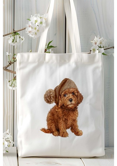 Art Hediye Poodle Köpek Baskılı Bez Çanta Omuz Çantası Kişiye Özel Model 9 Çok Renkli