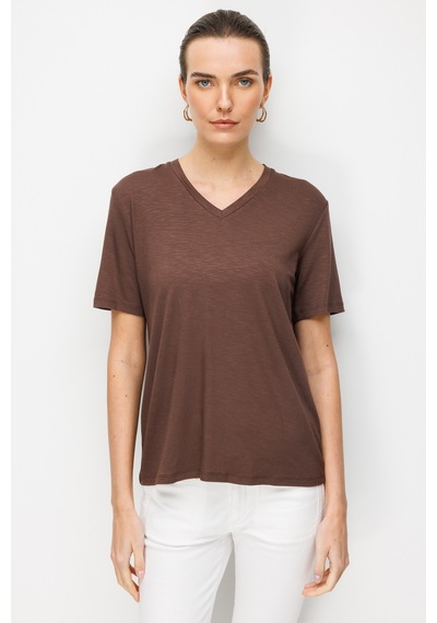 Kadın V Yaka Flamlı Kumaş Basic Tshirt K.kahve Kahve
