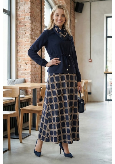 Sayzen Your Shine Ekose Etek Gömlek Yaka Ceket Alt Üst Takım Sy-tstr2601 Lacivert