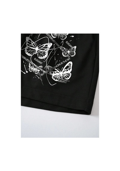 Tarzsokak Butterfly Print Drawstring Waist Drawstring Waist Şort Siyah