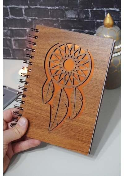 Rüya Kapanı Desenli Ahşap Defter - Ajanda - Günlük - Çizgisiz Defter Ahşap Rengi Ceviz A5 Notebook