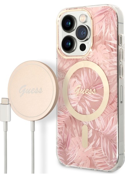 Apple Uyumlu iPhone 14 Pro Kılıf Guess Magsafe Şarj Özellikli Yaprak Desenli Kablolu Kapak