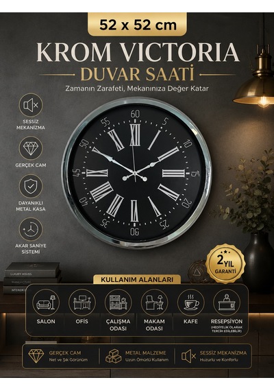 Krom Vıctoria 52 Cm Metal Duvar Saati