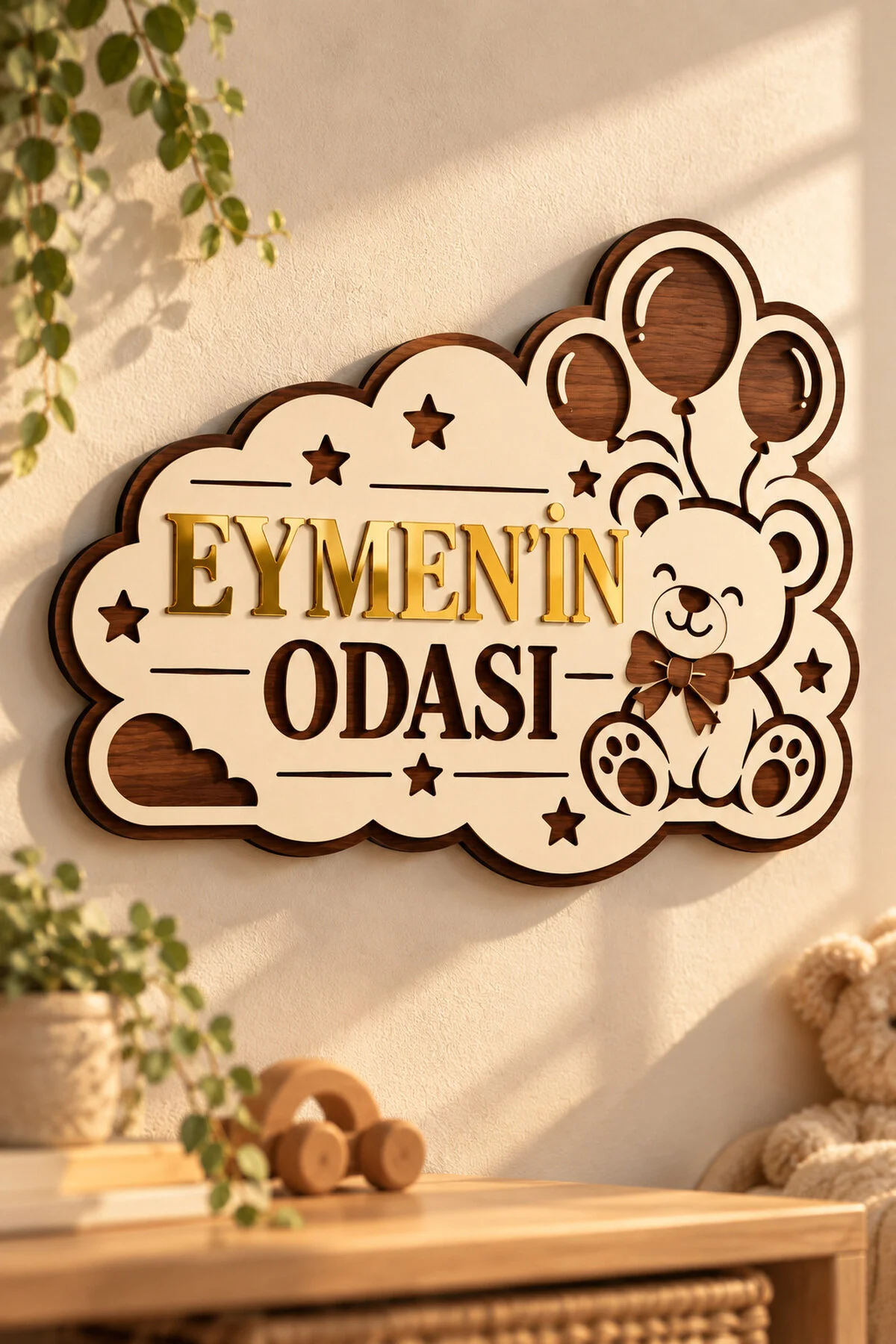 Kişiye Özel Ayıcıklı Balonlu Bebek Ve Çocuk Odası İsimliği Gold Pleksi Mdf Kapı Ve Duvar Süsü