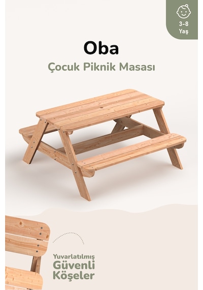 Ovlo Ahşap Çocuk Bahçe Masası Şemsiye Delikli 3-8 Yaş 4 Kişilik Oba Naturel
