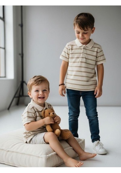 Zekids Erkek Çocuk Yakalı Yarım Kollu Düğmeli Triko T-shirt-16804 Bej
