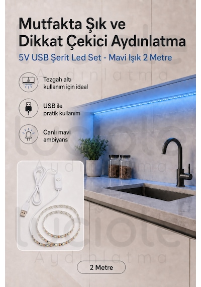 2 Metre 5v Usb Mavi Şerit Led Anahtarlı Gaming Masa Tv Arkası Powerbank Dekoratif Aydınlatma