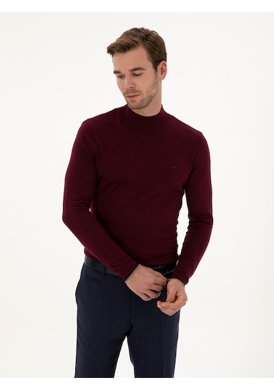 Cacharel Bordo Slim Fit Pamuk Karışımlı Yarım Balıkçı Yaka Triko Kazak Kırmızı