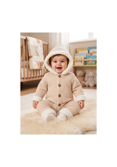 Tatlı Unisex Bebek Kapitone Tulum İçi Peluş Kürklü Kapüşonlu Düğmeli Kışlık Bebek Kozmonot Tulumu Bej