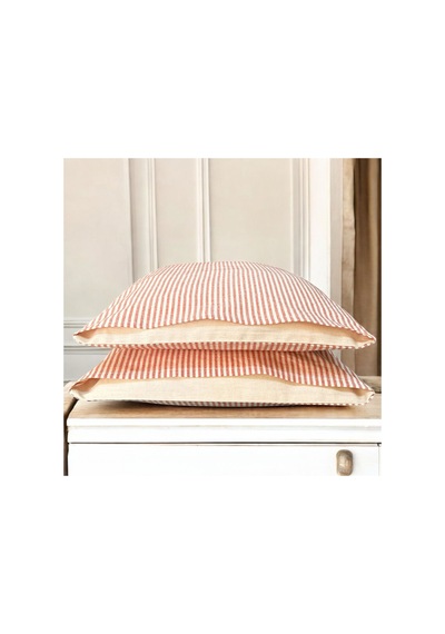 %100 Pamuk İpliği Boyalı Çizgili Tek Kişilik Yastık Kılıfı 2'li Set - 50x70 Cm Naturel Cep Detaylı Kırmızı