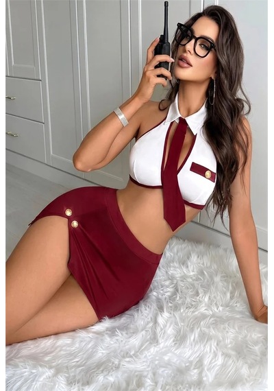 Emvera Kadın Şık Tasarım Bordo Yırtmaçlı Mini Etek Ve Boyundan Bağlamalı Büstiyer Hostes Kostümü Takımı