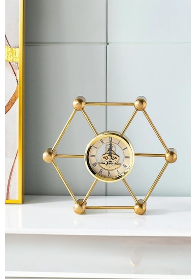Chacha Home Luxury Altıgen Model Space Geometrik Sanat Masa Saati Lüks Dekoratif Hediyelik Obje 27x24x5 Cm Gold