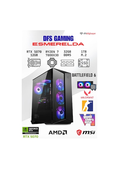 MSI DFS Gaming ESMERALDA R7-7800X3D 12 GB 32 GB 1 TB M.2 SSD RTX5070 Free Dos Masaüstü Oyuncu Bilgisayarı