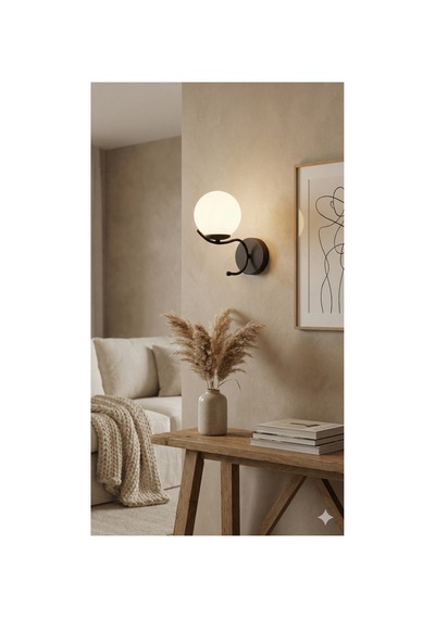 Merla Tekli Cam Küre Dekoratif Pilli Aplik - Minimalist Duvar Lambası - Modern Duvar Aydınlatma Siyah-beyaz