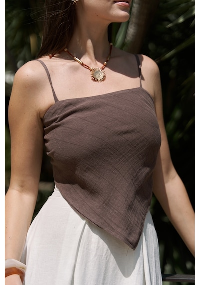 Mai Collection Mai Studios Co. Kita Üçgen Detay Çizgili Kahve Keten Crop Kahve