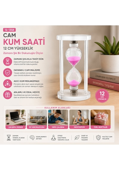 Orta Cam Kum Saati Cam Standlı Çap: 6.8cm-yükseklik: 12cm 5250