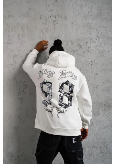 Mbb E-ticaret Erkek 98 Baskılı Kapşonlu 3 İplik Pamuklu Sweatshirt Hoodie - Beyaz
