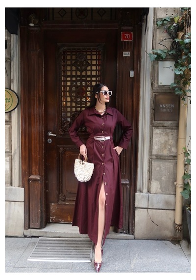 Kechi Woman Poplin Kumaş Akseusarlı Elbise Bordo