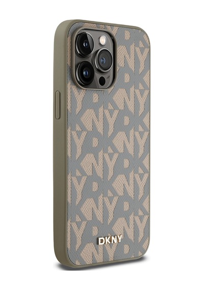 Apple Uyumlu iPhone 14 Pro Max Kılıf Dkny Lisanslı Magsafe Şarj Özellikli 3d Yazılı Grid Pattern Kapak Kahverengi