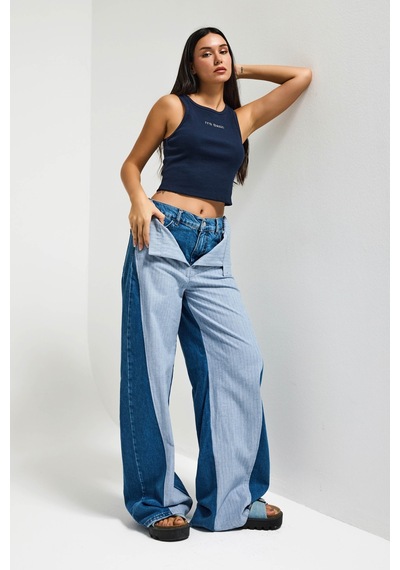 Itsbasic Kadın Kot Rengi Palazzo Fit Çift Kemer Detaylı Özel Tasarım Denim Jean