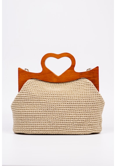Fabric Craft Bag El Çantası Örgü Floş İplik Ahşap Saplı Açık Bej