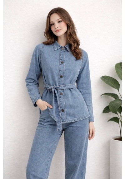 Hiramir Kadın Modern Kesim Kuşaklı Denim Takım Yz2601 Mavi
