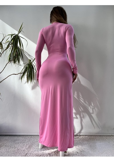 Pink Life Pembe Uzun Kollu Göğüs Dekolteli Maksi Elbise