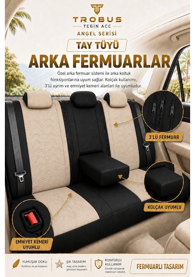 Seat Leon 2005 Ve Sonrası Uyumlu Angel Serisi Tay Tüyü Koltuk Kılıfı Bej Siyah