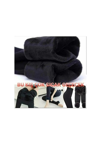 Lüx Wood Kadın Kalın Kışlık Yüksel Bel İçi Polarlı Peluş Çift Dikişli Siyah Termal Tayt Siyah