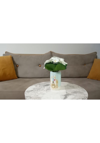 Vazoda Beyaz Yapay Çiçek Dekoratif Romantik Yeşil Model Vazo Dahil 7 x 7 x 16 CM