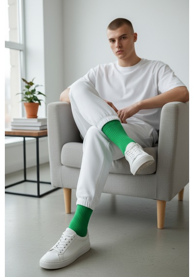 Socks Stores 6 Çift Unisex Renkli Pamuklu Soket Çorap - Renkli Tenis Boy Çorap Yeşil