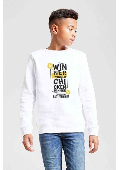 Tshirthane Pubg Winner Winner Baskılı Unisex Çocuk Beyaz Sweatshirt Beyaz