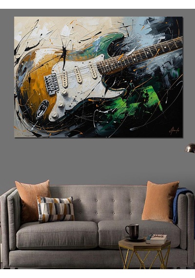 Ahşap Tablo Elektro Gitar Ve Renk Patlaması